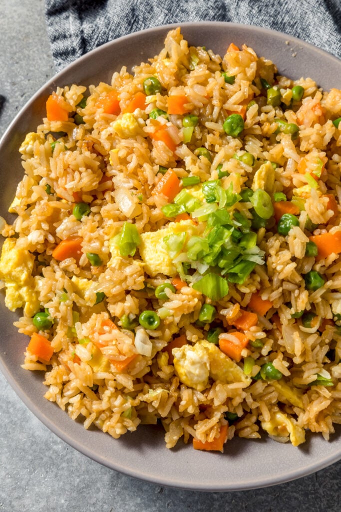 blackstone fried rice with chicken on a plate after cooking
